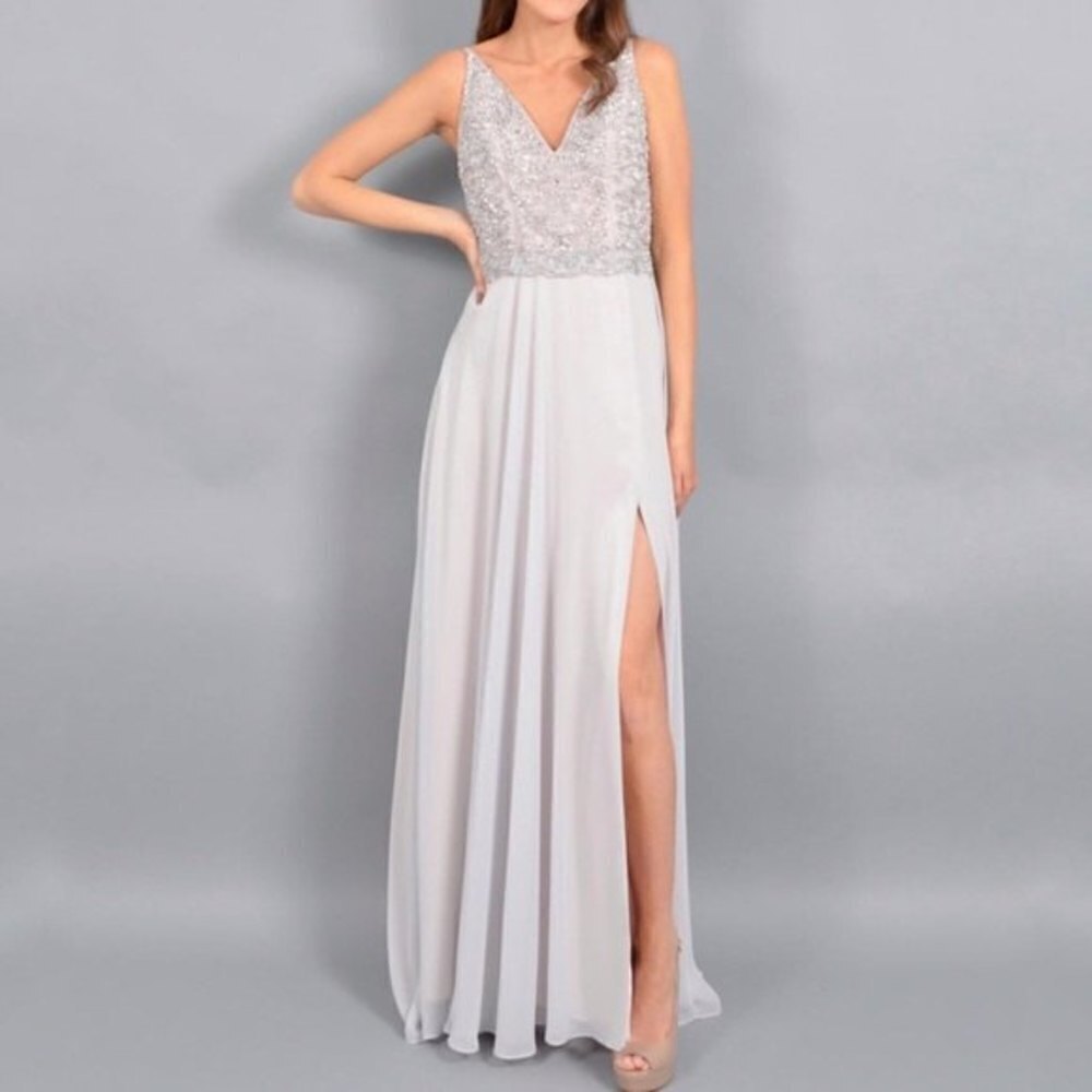 XSCAPE Grey Chiffon Maxi Gown Beaded Top Side Slit size 10 NWT